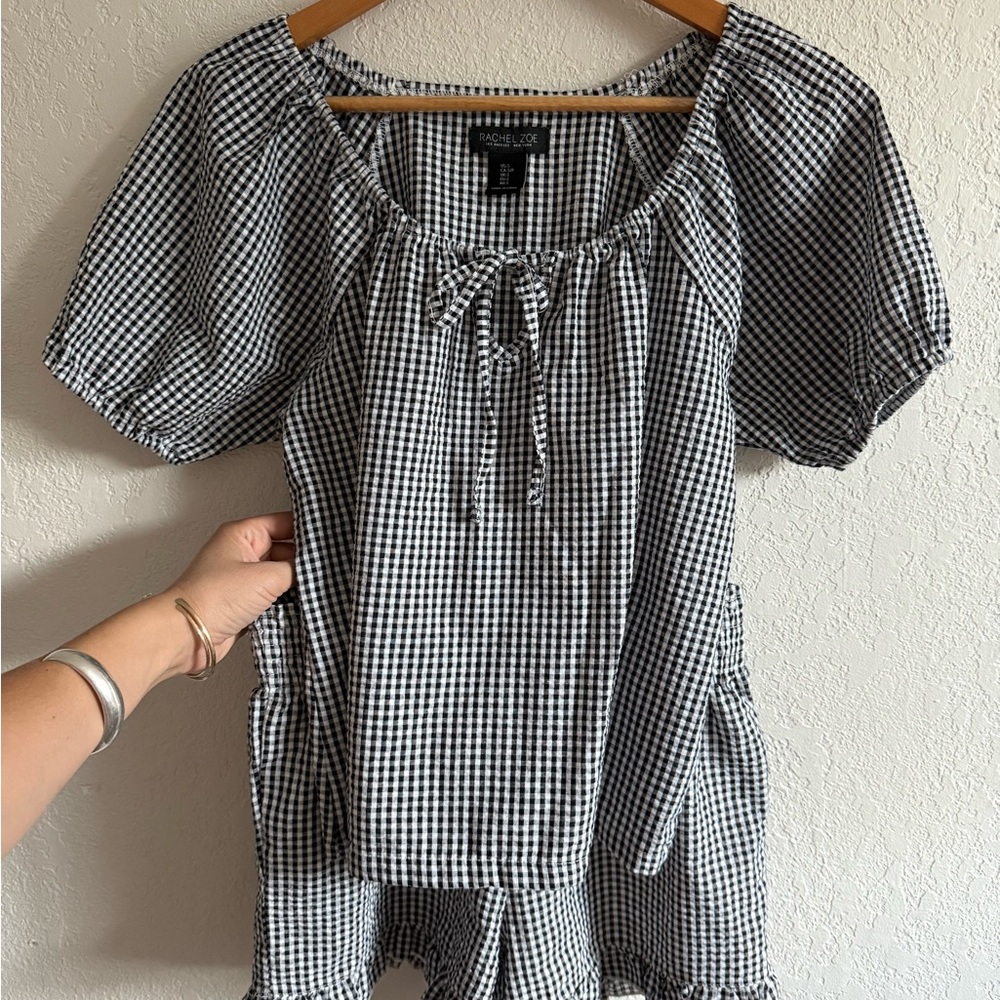 Rachel Zoe Black and White Gingham Short Sleeve Peasant Top